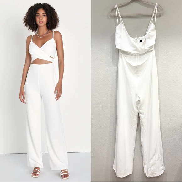 Size L - NWOT Lulus Going Out All Night‎ White Cutout Wide-Leg Jumpsuit - Picture 1 of 9